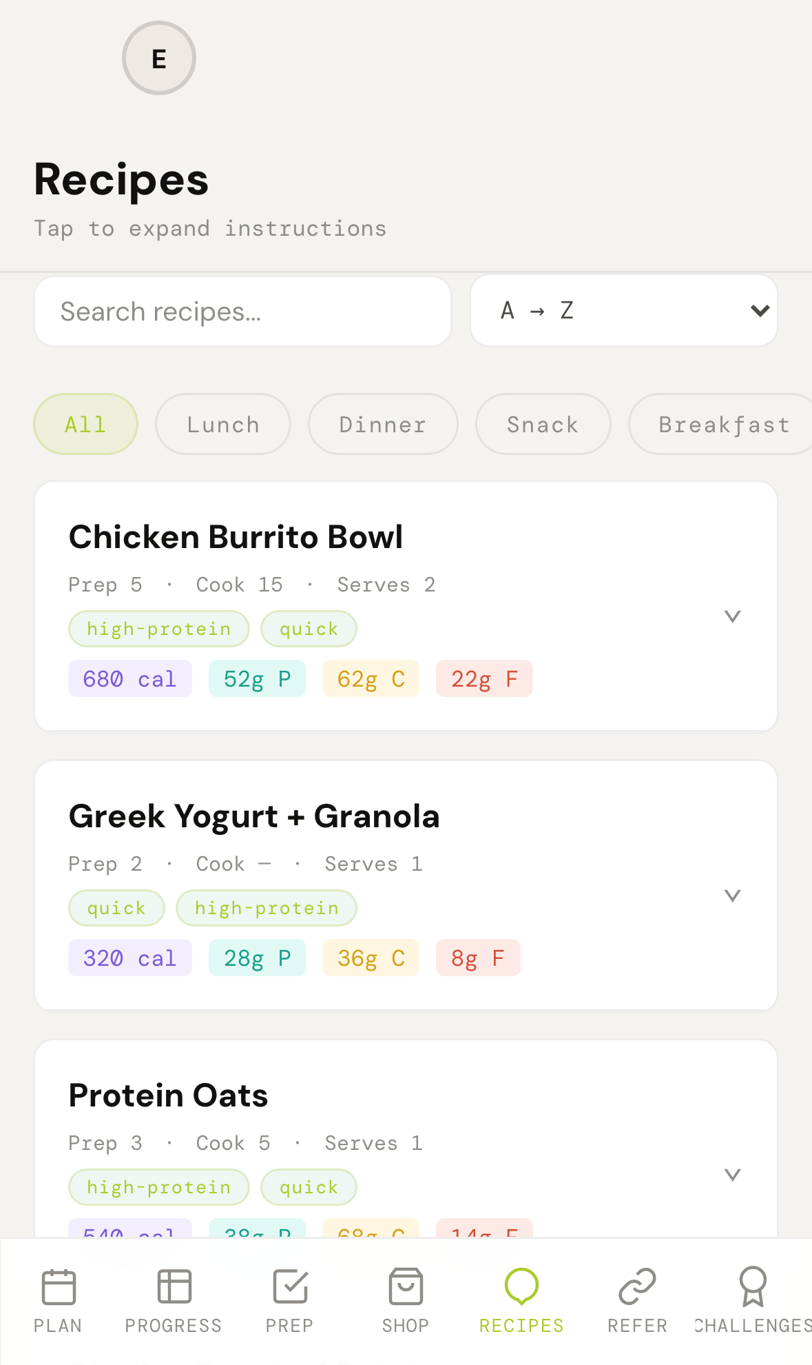 Recipes view